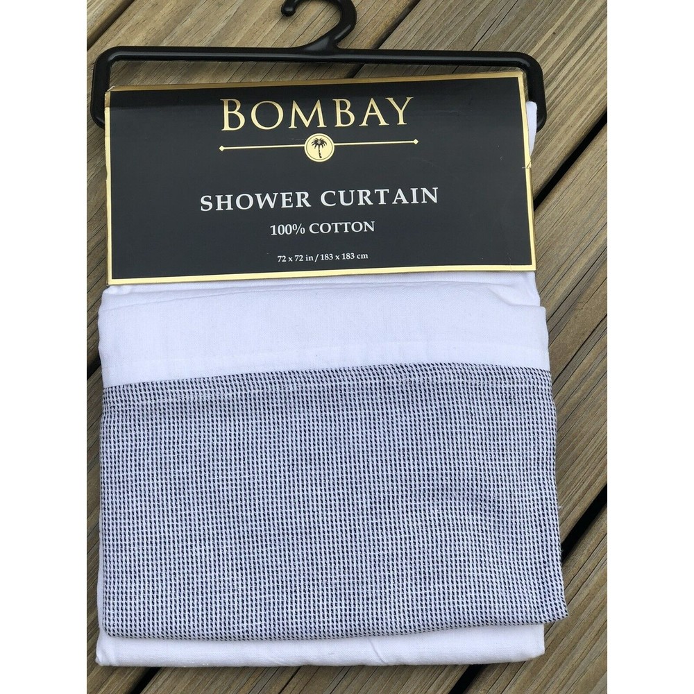 New Bombay Fabric Shower Curtain White & Black, Accent Border ,Cotton, India